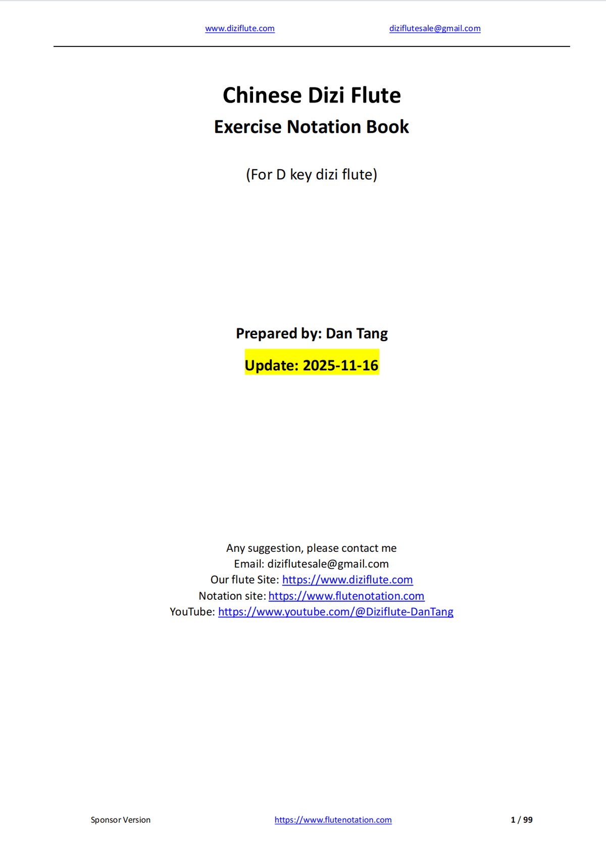 Chinese D Key Dizi Flute Learning Exercise Notation Book (Step by step for beginner)