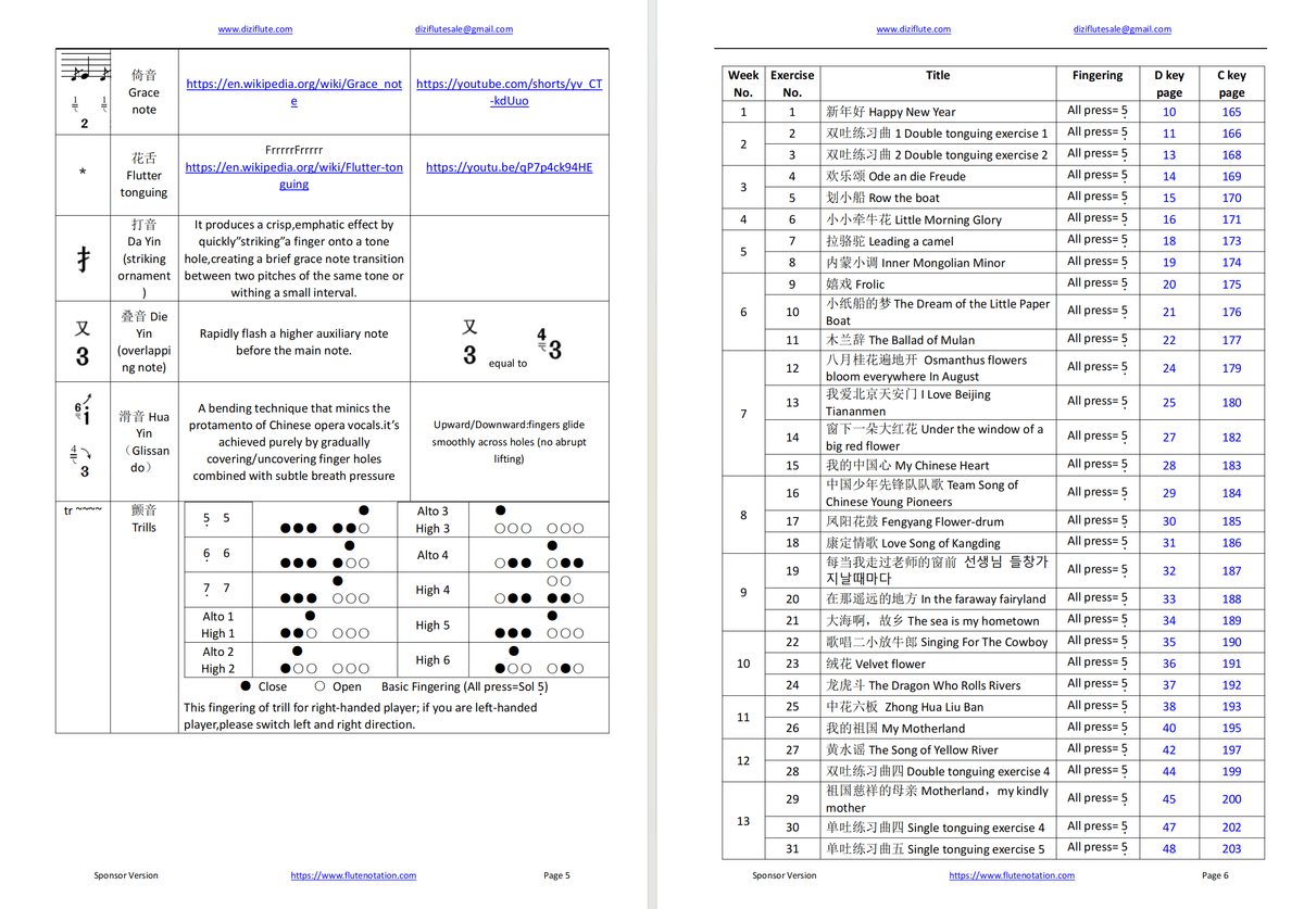 C key+D Key Dizi Flute Learning Exercise Notation Book (52 weeks learning Step by step for beginner)