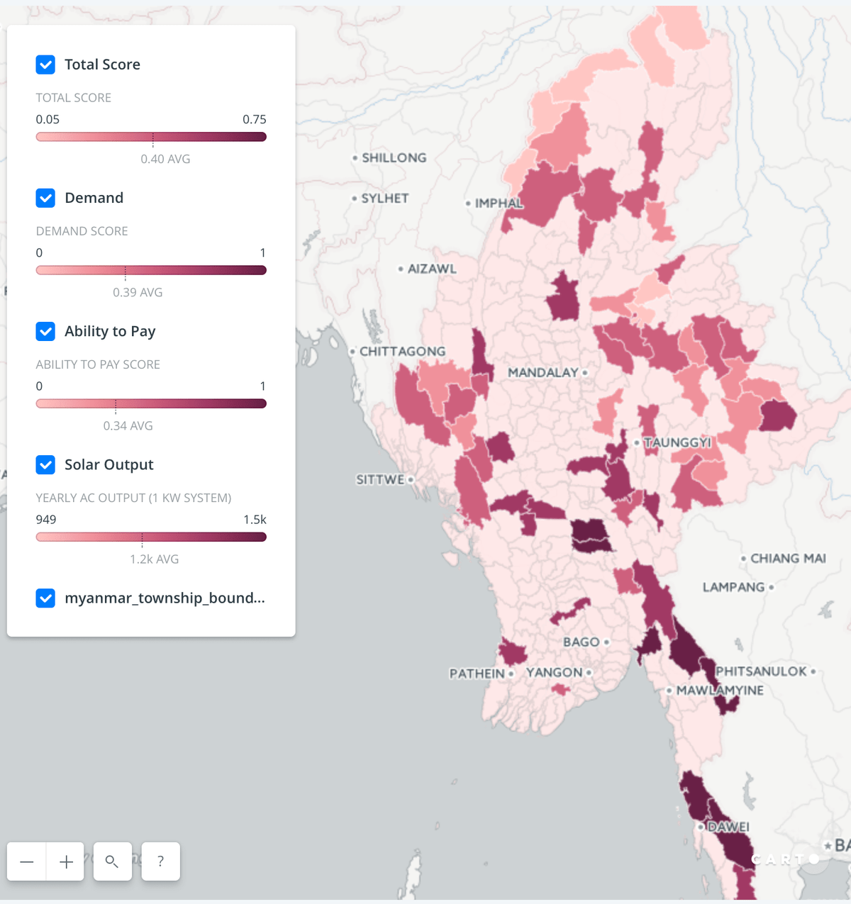 Prototype of our mapping solution showing highest priority areas for solar minigrids in Myanmar Prototype of our mapping solution showing highest priority areas for solar minigrids in Myanmar