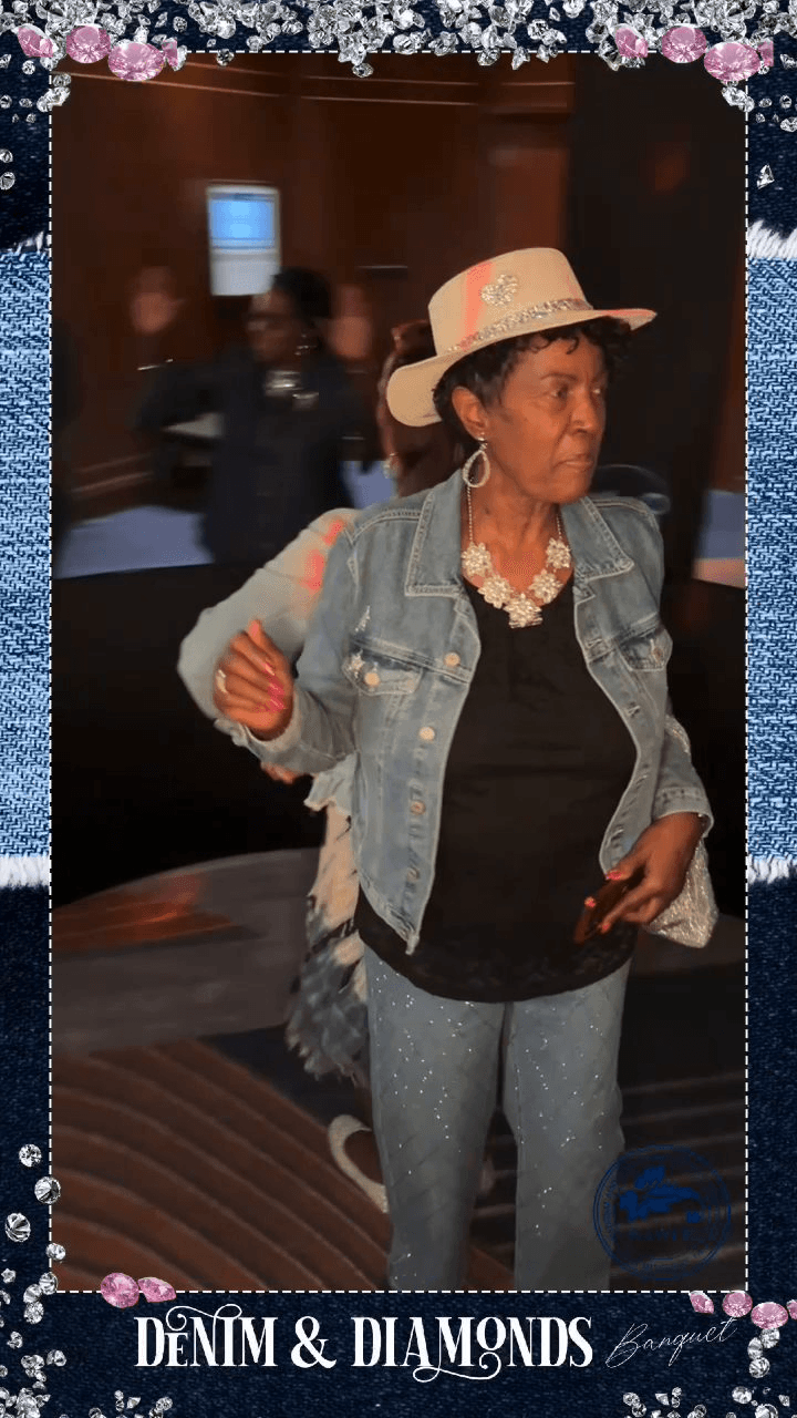 Woman in a cowboy hat and denim jacket dancing on a 360 video booth platform at a conference banquet Woman in a cowboy hat and denim jacket dancing on a 360 video booth platform at a conference banquet