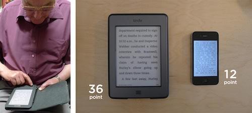 这是一位75岁的老人和他的 Kindle。看看他挑的字号,然后对比一下 iPhone 上的平均字号。 这是一位75岁的老人和他的 Kindle。看看他挑的字号,然后对比一下 iPhone 上的平均字号。