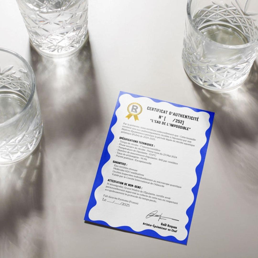 Un certificat d'authenticité numéroté (10x15cm) accompagne votre bouteille, attestant officiellement qu'elle fait partie des 252 exemplaires de cette performance artistique. Un certificat d'authenticité numéroté (10x15cm) accompagne votre bouteille, attestant officiellement qu'elle fait partie des 252 exemplaires de cette performance artistique.