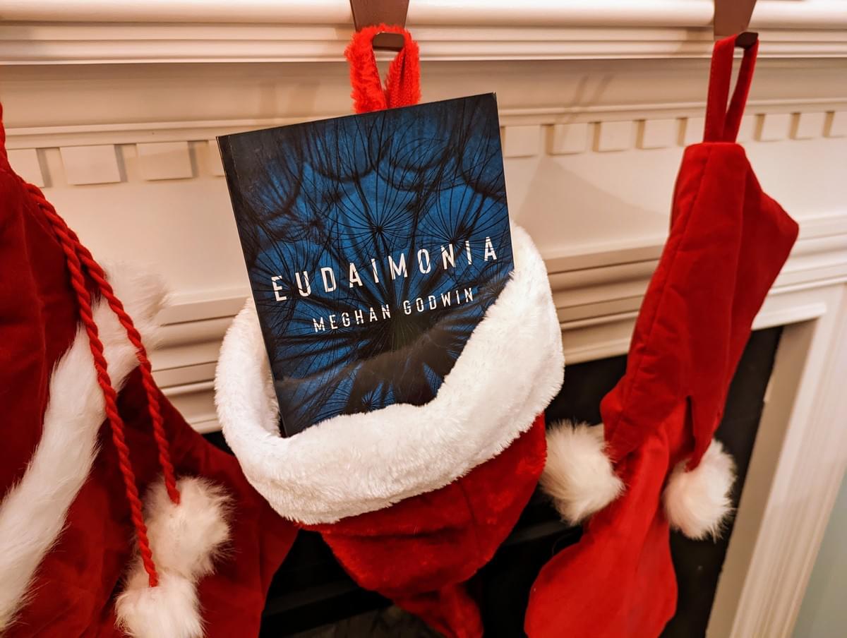 Picture of book in stocking hung by fireplace Picture of book in stocking hung by fireplace