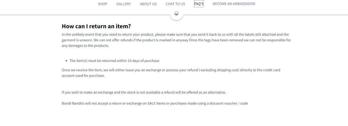 Politiche di reso di Bondi Politiche di reso di Bondi