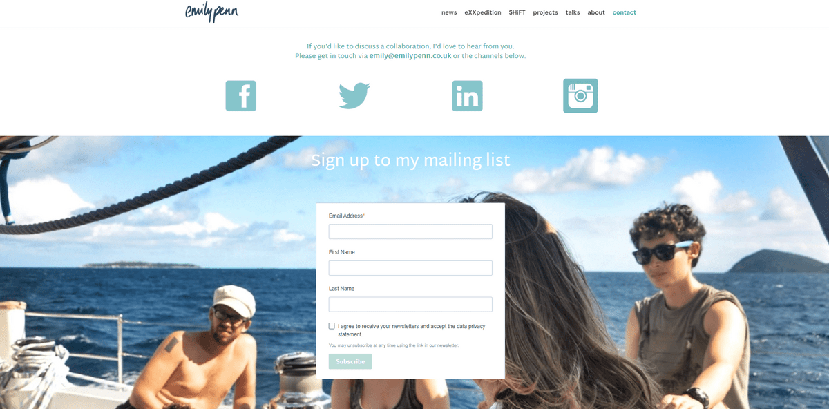 Pubblicità sui social media come il sito web di Emily Penn Pubblicità sui social media come il sito web di Emily Penn