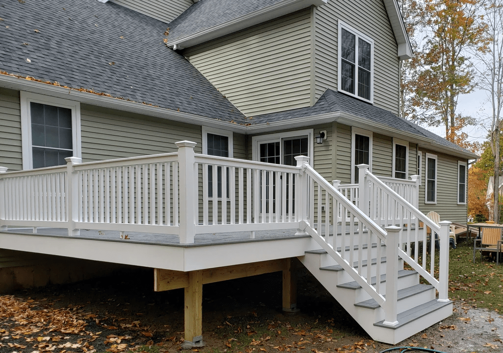Photo of Trex Pebble Gray, PVC railings and PVC rim, risers and stringers Photo of Trex Pebble Gray, PVC railings and PVC rim, risers and stringers