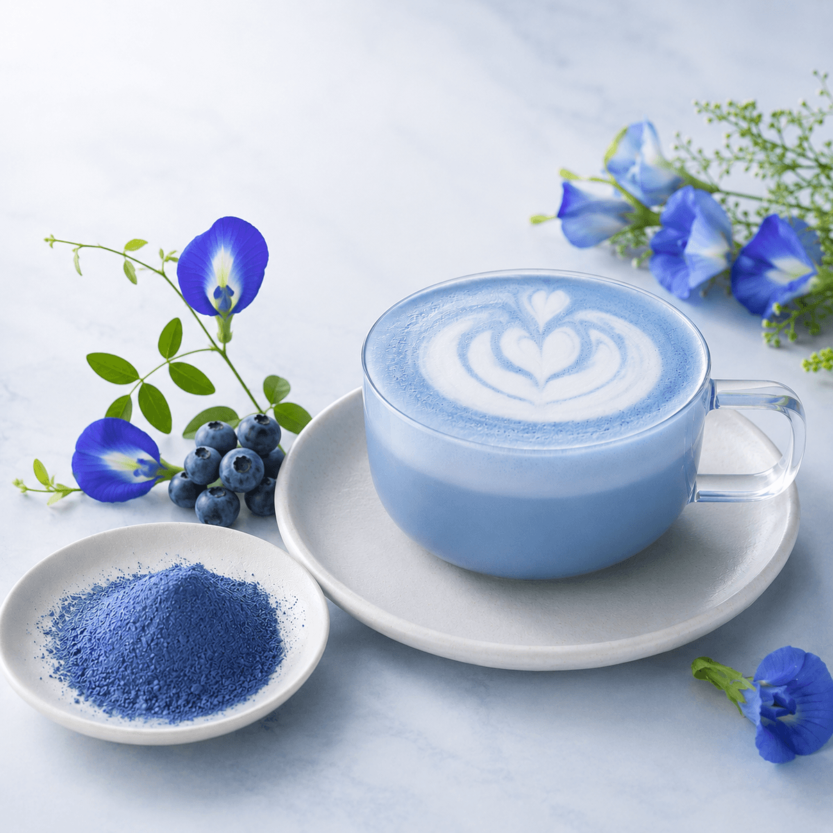 Blue Matcha latte with butterfly pea flowers, blueberries, and blue botanicals, representing a caffeine-free botanical matcha ritual. Blue Matcha latte with butterfly pea flowers, blueberries, and blue botanicals, representing a caffeine-free botanical matcha ritual.