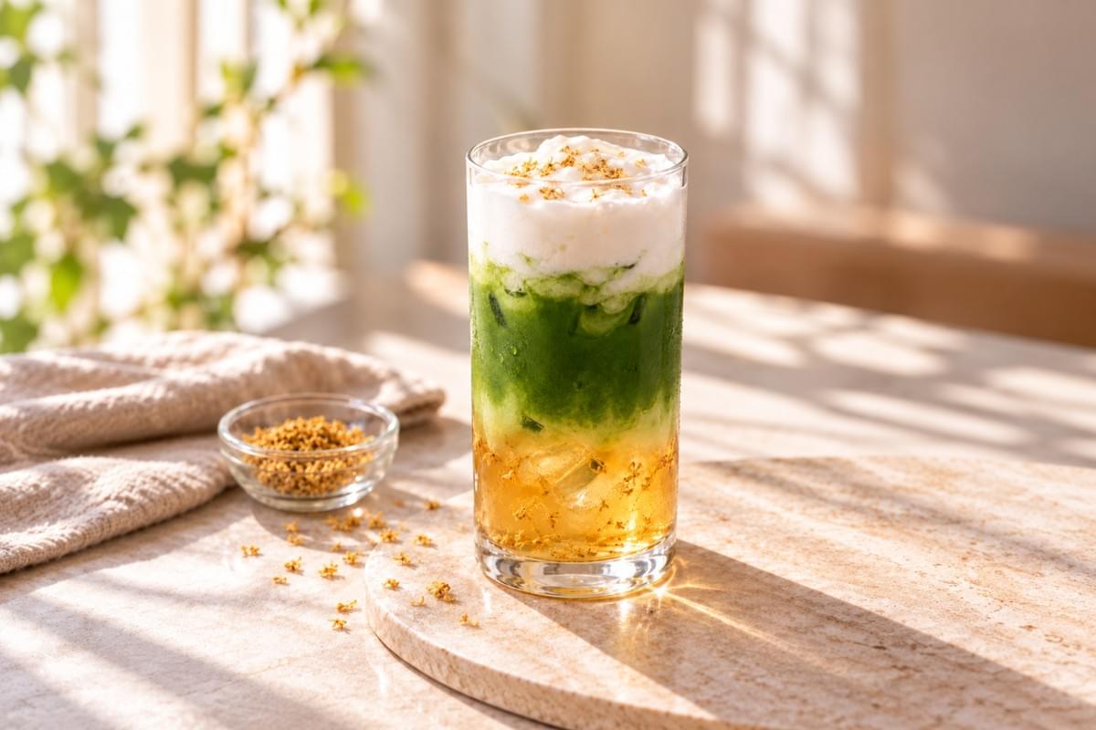 A three-layer drink with golden osmanthus tea, green matcha, and white coconut foam. A three-layer drink with golden osmanthus tea, green matcha, and white coconut foam.