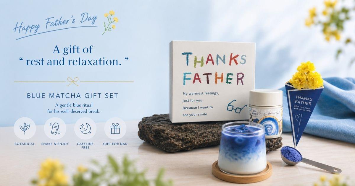 Limited Father’s Day BLUE MATCHA gift set by WACHA featuring caffeine-free botanical blue matcha, a mini shaker, and yellow bouquet card styled on natural wood with a calm Japanese aesthetic. Limited Father’s Day BLUE MATCHA gift set by WACHA featuring caffeine-free botanical blue matcha, a mini shaker, and yellow bouquet card styled on natural wood with a calm Japanese aesthetic.