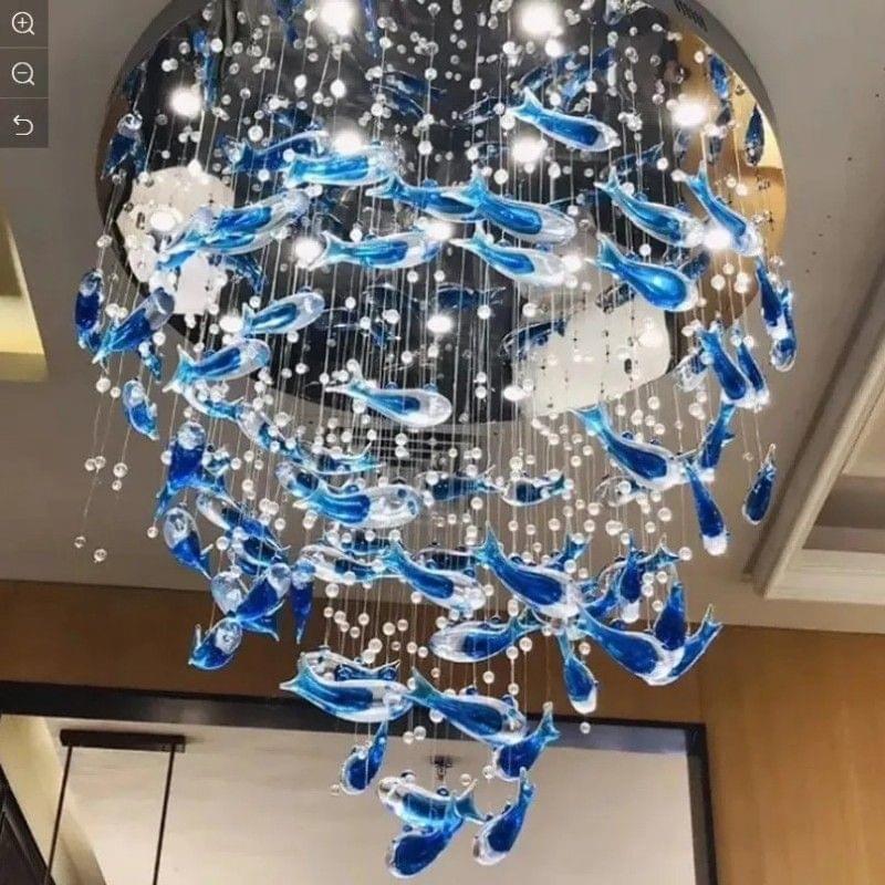 Floating blue glass fish chandelier for foyer ceiling lighting Floating blue glass fish chandelier for foyer ceiling lighting