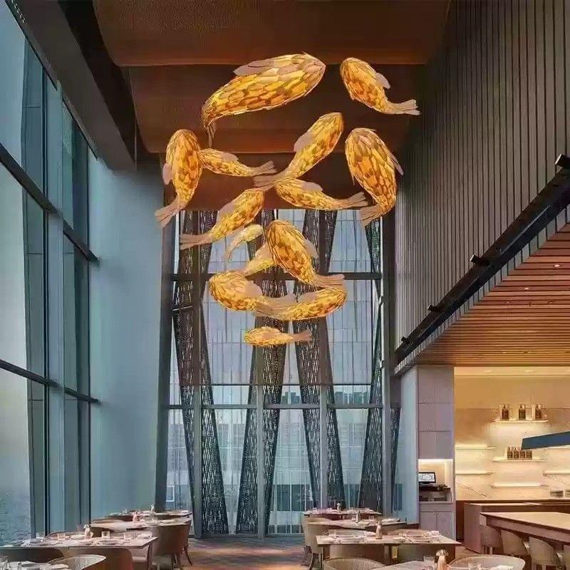 Large custom wooden fish pendant light for restaurant or coastal decor Large custom wooden fish pendant light for restaurant or coastal decor