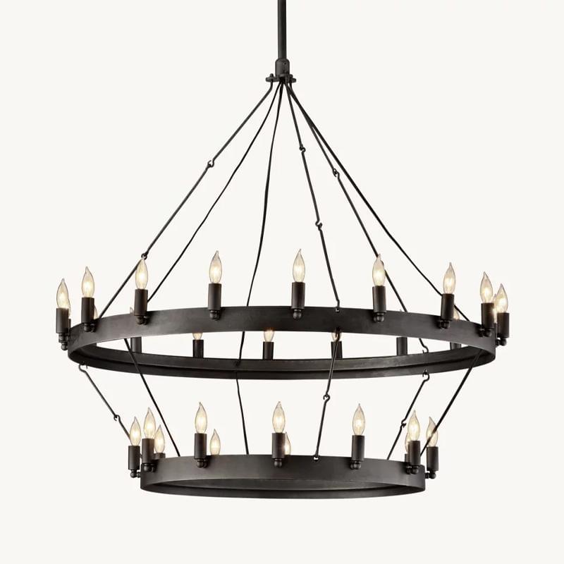 Farmhouse black metal chandelier with rustic design, ideal for wedding decor, banquet halls, dining rooms, and cozy event spaces. Farmhouse black metal chandelier with rustic design, ideal for wedding decor, banquet halls, dining rooms, and cozy event spaces.