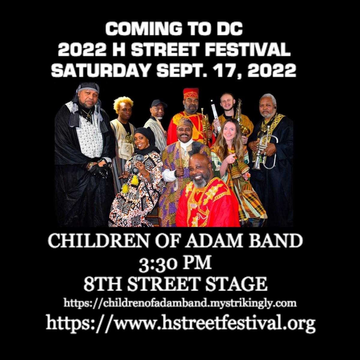 The Children of Adam Band H Street Festival, Washington DC, 9/17/2022 at 3:30 PM on the 8th Street Stage The Children of Adam Band H Street Festival, Washington DC, 9/17/2022 at 3:30 PM on the 8th Street Stage