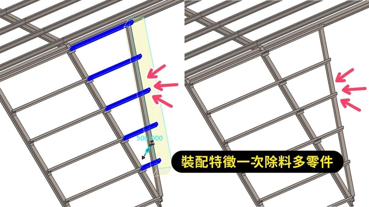 IronCAD 裝配設計可直接透過拉伸切除,一次完成多個零件同步除料,大幅提升 3D CAD 組立設計效率。 IronCAD 裝配設計可直接透過拉伸切除,一次完成多個零件同步除料,大幅提升 3D CAD 組立設計效率。