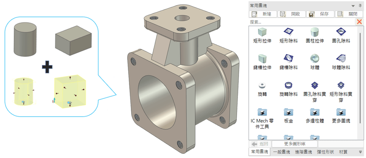 IRONCAD 圖塊式建模拖放建立零件的操作示例 IRONCAD 圖塊式建模拖放建立零件的操作示例