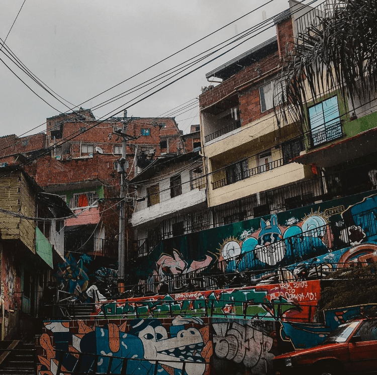 Street art along stairwell and ramp comuna 13 Commune 13 San Javier in medellin Street art along stairwell and ramp comuna 13 Commune 13 San Javier in medellin