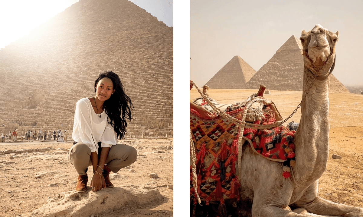 CulturesUncovered Brit Thompson Egypt pyramids of giza camel archeologist black girls solo travel CulturesUncovered Brit Thompson Egypt pyramids of giza camel archeologist black girls solo travel