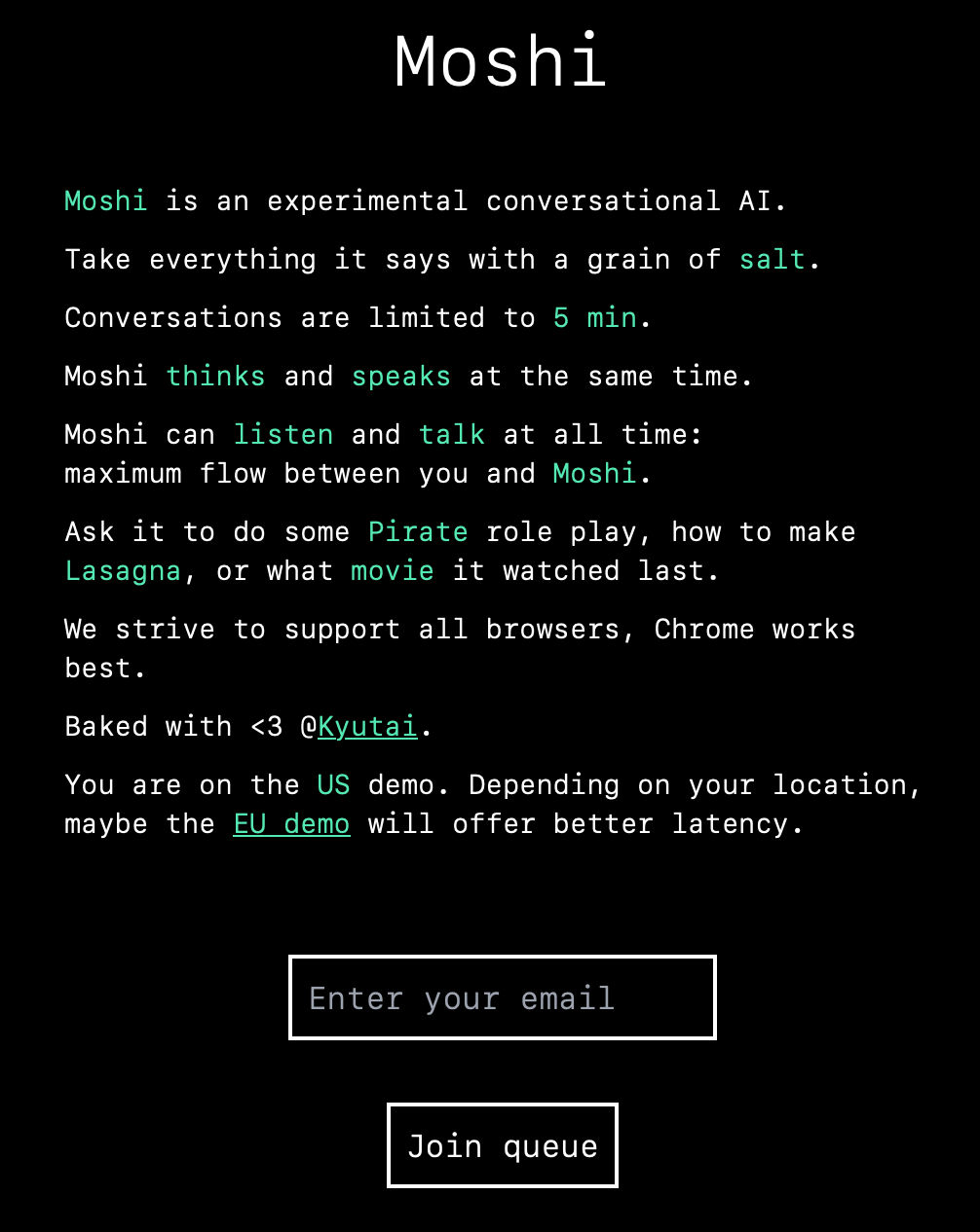 Screenshot of Moshi AI voice chatbot landing page. Screenshot of Moshi AI voice chatbot landing page.