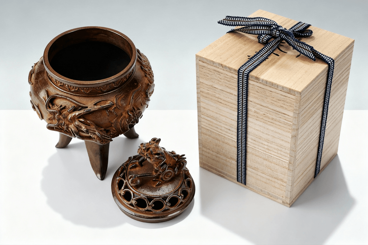 Elegant Japanese incense burner in brushed bronze, handcrafted for modern rituals. Elegant Japanese incense burner in brushed bronze, handcrafted for modern rituals.