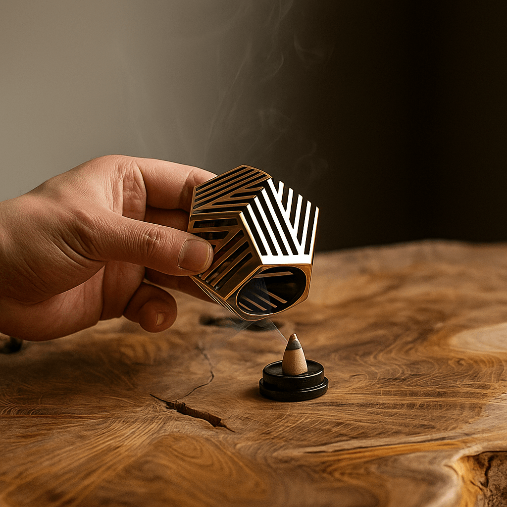 Smokeless incense gently rising from a Neoi bronze burner — a scene of stillness and beauty. Smokeless incense gently rising from a Neoi bronze burner — a scene of stillness and beauty.