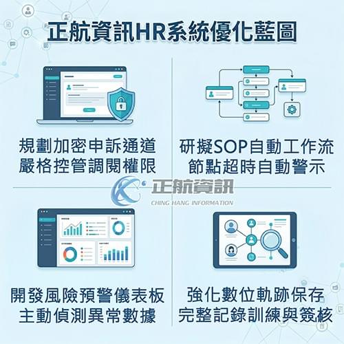 系統優化藍圖-規劃加密申訴通道,嚴格控管調閱權限。研擬SOP自動工作流,節點超時自動警示開發風險預警儀表板,主動偵測異常數據。強化數位軌跡保存,完整記錄訓練與簽核。 系統優化藍圖-規劃加密申訴通道,嚴格控管調閱權限。研擬SOP自動工作流,節點超時自動警示開發風險預警儀表板,主動偵測異常數據。強化數位軌跡保存,完整記錄訓練與簽核。
