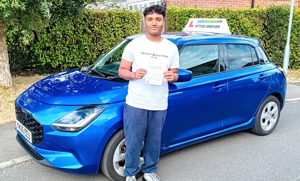 Abi celebrating a first-time driving test pass with zero faults after driving lessons with Luke's Learners in Chesham Abi celebrating a first-time driving test pass with zero faults after driving lessons with Luke's Learners in Chesham