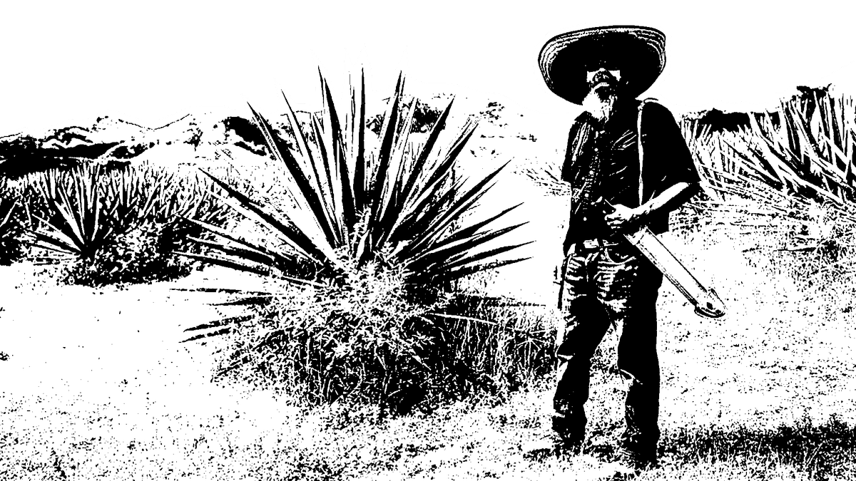 Black-and-white image of Maestro Mezcalero Souglas French, bearded with a large sombrero and a sheathed machete, standing in front of a large field full of tall, mature maguey plants. Black-and-white image of Maestro Mezcalero Souglas French, bearded with a large sombrero and a sheathed machete, standing in front of a large field full of tall, mature maguey plants.