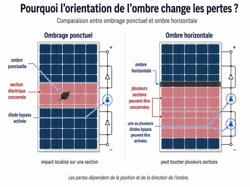 Comparaison entre ombrage ponctuel et ombre horizontale sur un panneau photovoltaïque Comparaison entre ombrage ponctuel et ombre horizontale sur un panneau photovoltaïque