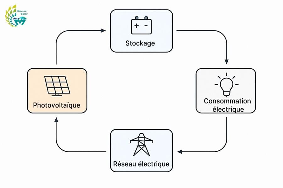 Schéma de boucle énergétique intégrée entre photovoltaïque, stockage, consommation et réseau Schéma de boucle énergétique intégrée entre photovoltaïque, stockage, consommation et réseau