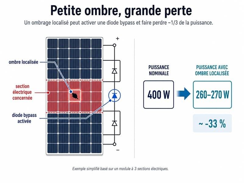 Schéma montrant comment une petite ombre peut réduire la puissance d’un panneau photovoltaïque Schéma montrant comment une petite ombre peut réduire la puissance d’un panneau photovoltaïque