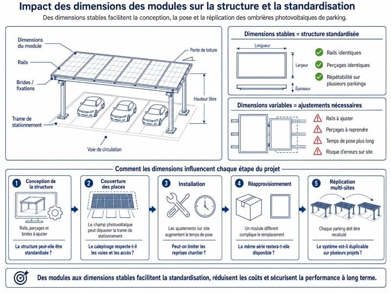 Schéma montrant l’impact des dimensions des modules photovoltaïques sur la structure d’une ombrière de parking Schéma montrant l’impact des dimensions des modules photovoltaïques sur la structure d’une ombrière de parking