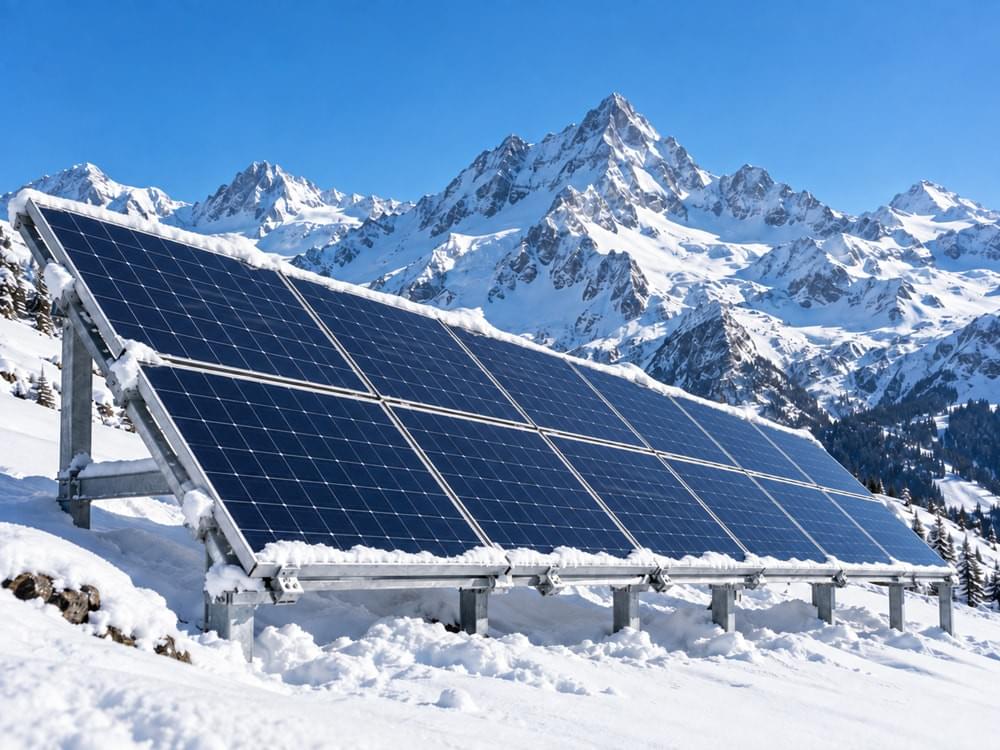 Panorama d'une centrale solaire alpine sous la neige Panorama d'une centrale solaire alpine sous la neige