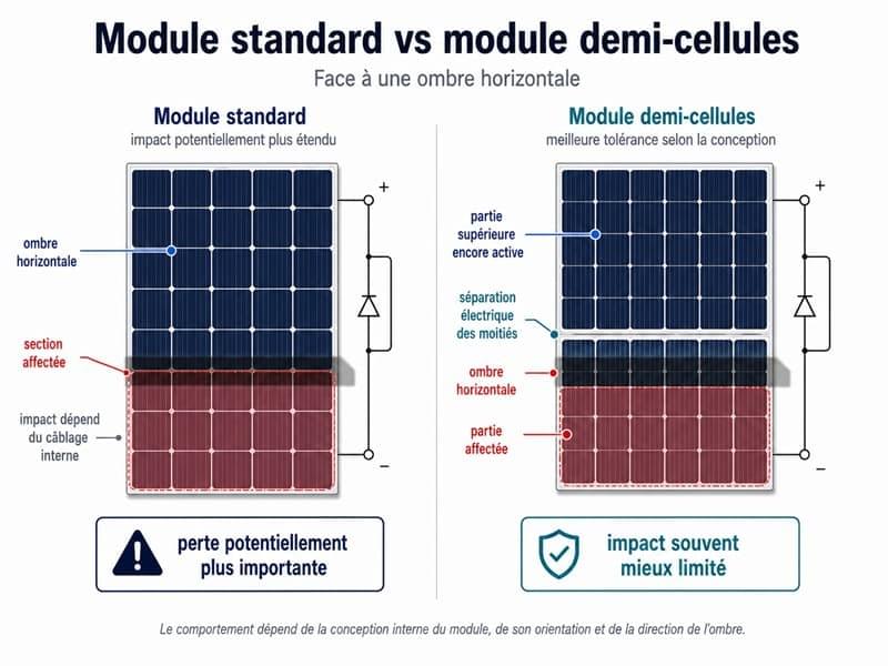 Comparaison entre module standard et module demi-cellules face à une ombre horizontale Comparaison entre module standard et module demi-cellules face à une ombre horizontale
