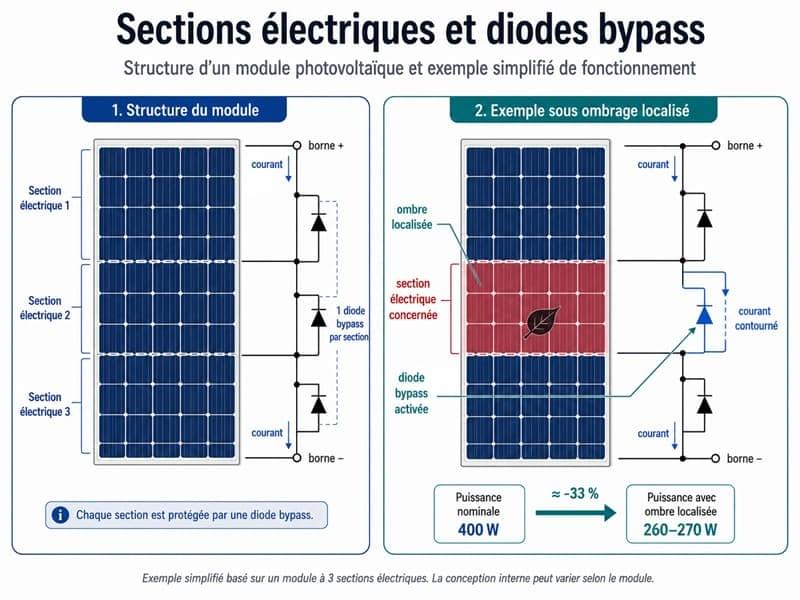 Exemple simplifié d’un module photovoltaïque divisé en trois sections électriques protégées par des diodes bypass. Exemple simplifié d’un module photovoltaïque divisé en trois sections électriques protégées par des diodes bypass.