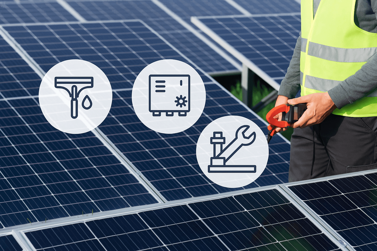 Pulizia dei moduli, verifica dell’inverter e controllo della struttura del sistema fotovoltaico aziendale. Pulizia dei moduli, verifica dell’inverter e controllo della struttura del sistema fotovoltaico aziendale.