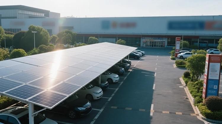 Ombrières photovoltaïques de parking avec panneaux solaires installés sur une structure extérieure Ombrières photovoltaïques de parking avec panneaux solaires installés sur une structure extérieure
