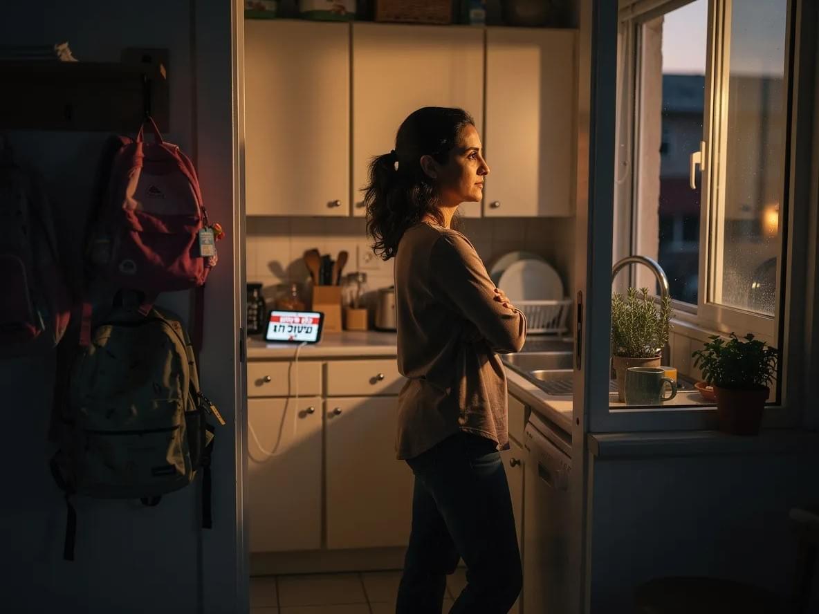 An Israeli woman stands in her kitchen doorway at dusk, arms crossed, looking out the window with a composed and watchful expression, children's backpacks visible by the door behind her. An Israeli woman stands in her kitchen doorway at dusk, arms crossed, looking out the window with a composed and watchful expression, children's backpacks visible by the door behind her.
