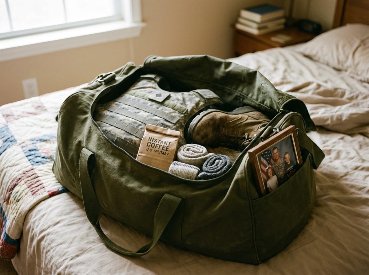 A packed military duffel bag sits open on a bed with neatly organized combat gear and a family photo tucked into the side pocket, lit by natural daylight from a bedroom window. A packed military duffel bag sits open on a bed with neatly organized combat gear and a family photo tucked into the side pocket, lit by natural daylight from a bedroom window.