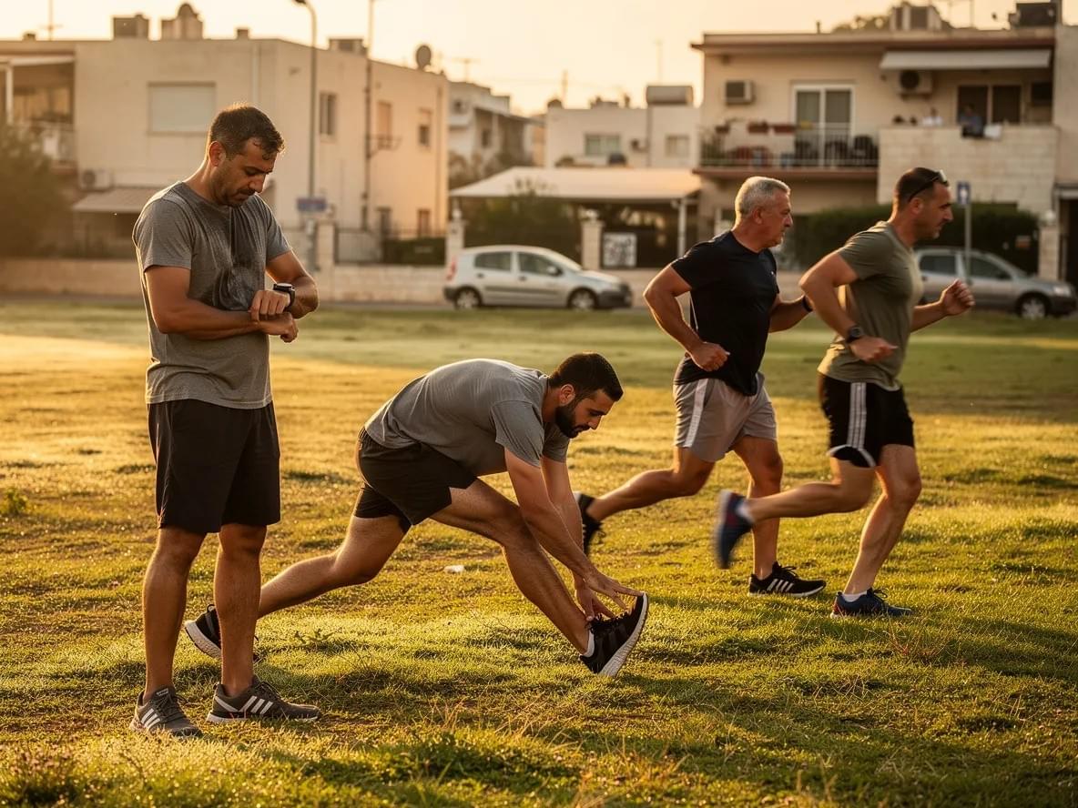 Four Israeli reservists in civilian workout clothes train together in an open field at dawn, with a residential neighborhood visible in the background, capturing the routine physical preparation between call-ups. Four Israeli reservists in civilian workout clothes train together in an open field at dawn, with a residential neighborhood visible in the background, capturing the routine physical preparation between call-ups.