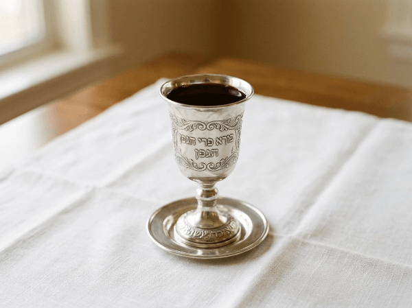 A silver kiddush cup filled with red wine on a white tablecloth, photographed from above in warm light. A silver kiddush cup filled with red wine on a white tablecloth, photographed from above in warm light.