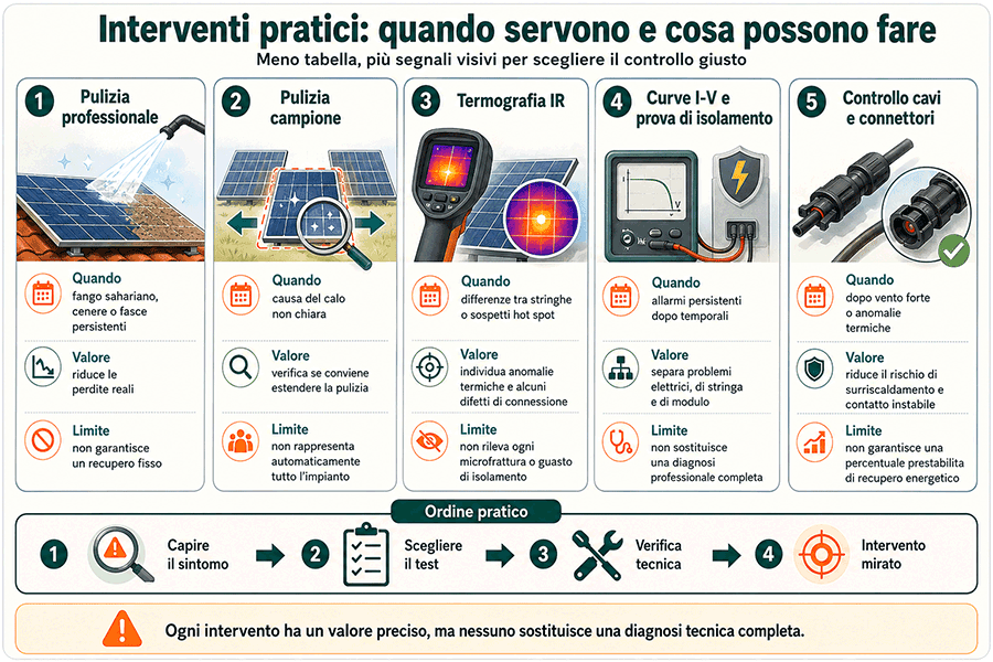 Infografica sugli interventi di manutenzione fotovoltaica: pulizia professionale, pulizia campione, termografia IR, curve I-V, prova di isolamento e controllo di cavi e connettori Infografica sugli interventi di manutenzione fotovoltaica: pulizia professionale, pulizia campione, termografia IR, curve I-V, prova di isolamento e controllo di cavi e connettori