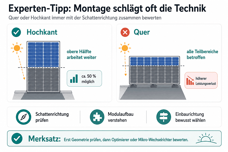 Vergleich von Hochkant- und Quermontage bei Teilverschattung von Halbzellenmodulen Vergleich von Hochkant- und Quermontage bei Teilverschattung von Halbzellenmodulen