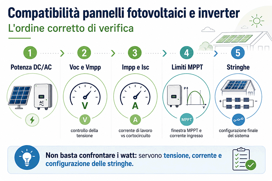 Compatibilità pannelli fotovoltaici e inverter: controllo di potenza DC/AC, Voc, Vmpp, Impp, Isc, MPPT e stringhe Compatibilità pannelli fotovoltaici e inverter: controllo di potenza DC/AC, Voc, Vmpp, Impp, Isc, MPPT e stringhe