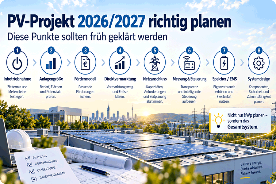 PV-Projekt 2026 2027 planen mit Förderung Direktvermarktung Netzanschluss Speicher und Systemdesign PV-Projekt 2026 2027 planen mit Förderung Direktvermarktung Netzanschluss Speicher und Systemdesign