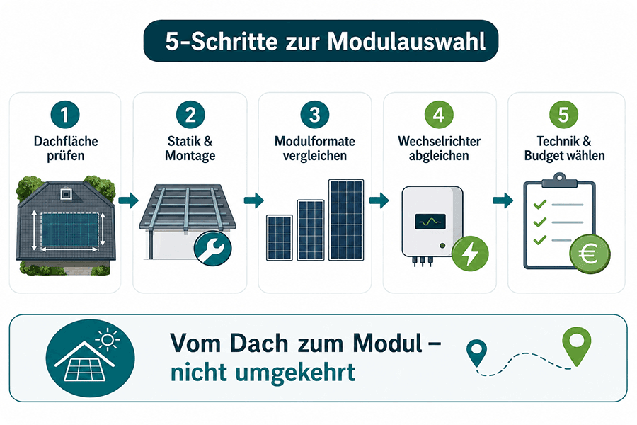 Fünf Schritte zur Auswahl eines passenden PV-Moduls von der Dachprüfung bis zur Technik- und Budgetentscheidung. Fünf Schritte zur Auswahl eines passenden PV-Moduls von der Dachprüfung bis zur Technik- und Budgetentscheidung.