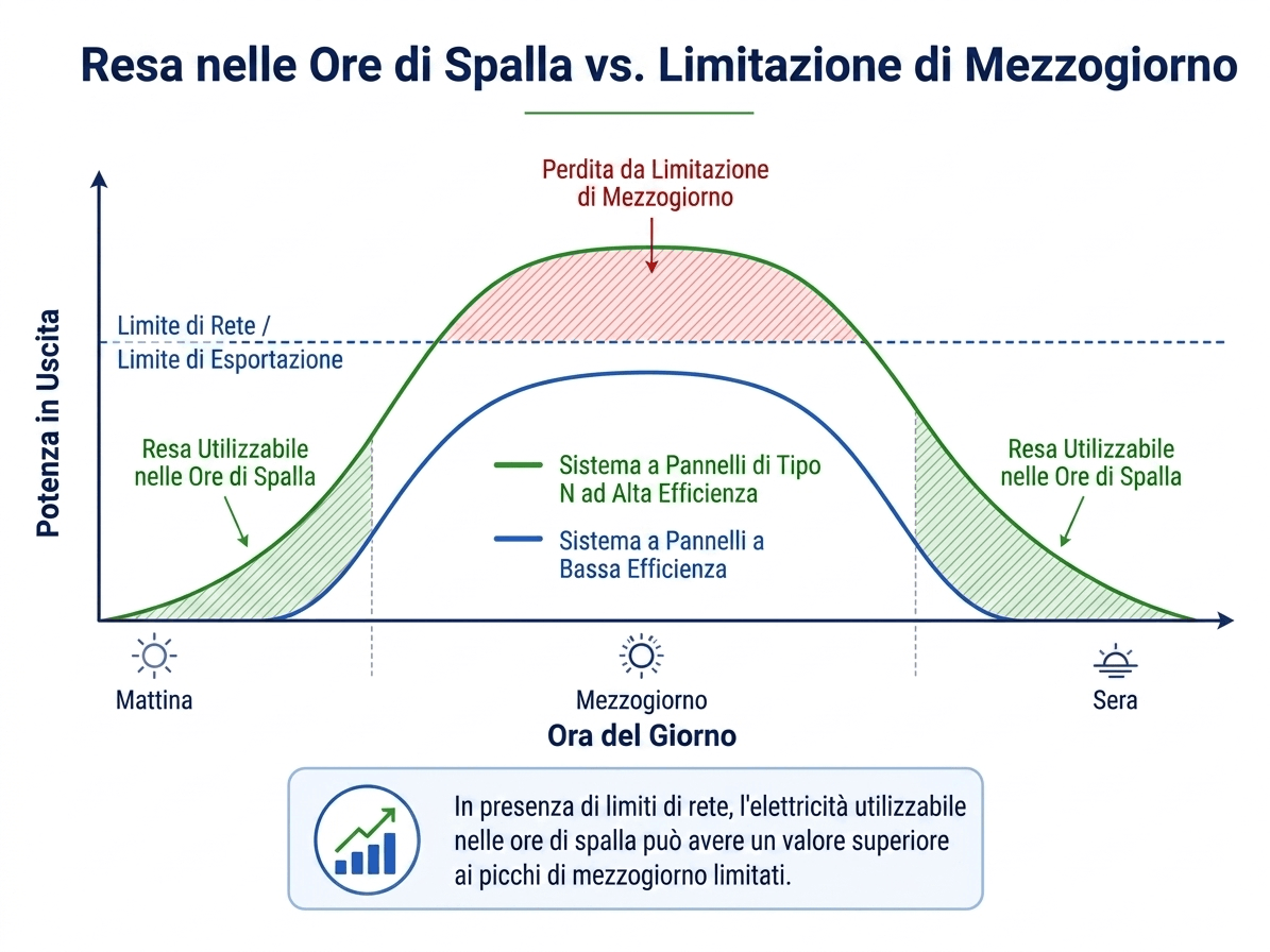 Curva di produzione solare che mostra il picco di generazione e la produzione di mezzogiorno limitata dalla rete. Curva di produzione solare che mostra il picco di generazione e la produzione di mezzogiorno limitata dalla rete.