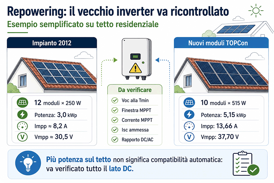 Repowering fotovoltaico: verifica del vecchio inverter con nuovi moduli TOPCon da 515 W Repowering fotovoltaico: verifica del vecchio inverter con nuovi moduli TOPCon da 515 W