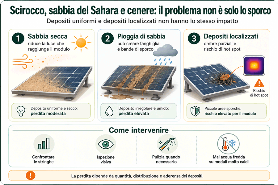 Effetti di Scirocco, sabbia del Sahara, pioggia di sabbia e depositi localizzati sui moduli fotovoltaici, con rischio di sporco e hot spot Effetti di Scirocco, sabbia del Sahara, pioggia di sabbia e depositi localizzati sui moduli fotovoltaici, con rischio di sporco e hot spot
