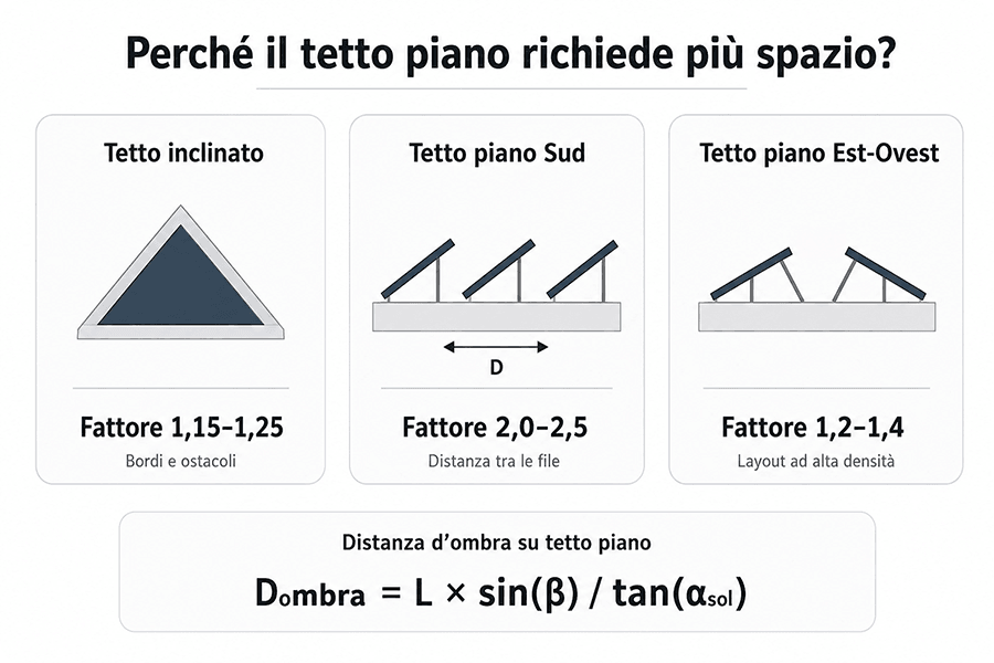 Confronto tra tetto inclinato, tetto piano esposto a sud e configurazione est-ovest con fattori di occupazione e distanza d’ombra Confronto tra tetto inclinato, tetto piano esposto a sud e configurazione est-ovest con fattori di occupazione e distanza d’ombra