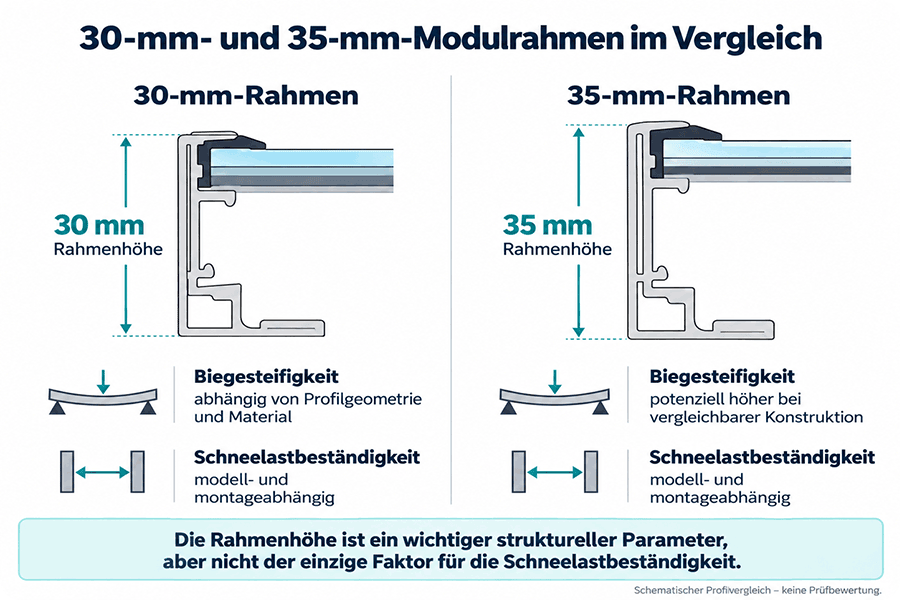 Schematischer Vergleich von 30-mm- und 35-mm-Modulrahmen. Schematischer Vergleich von 30-mm- und 35-mm-Modulrahmen.